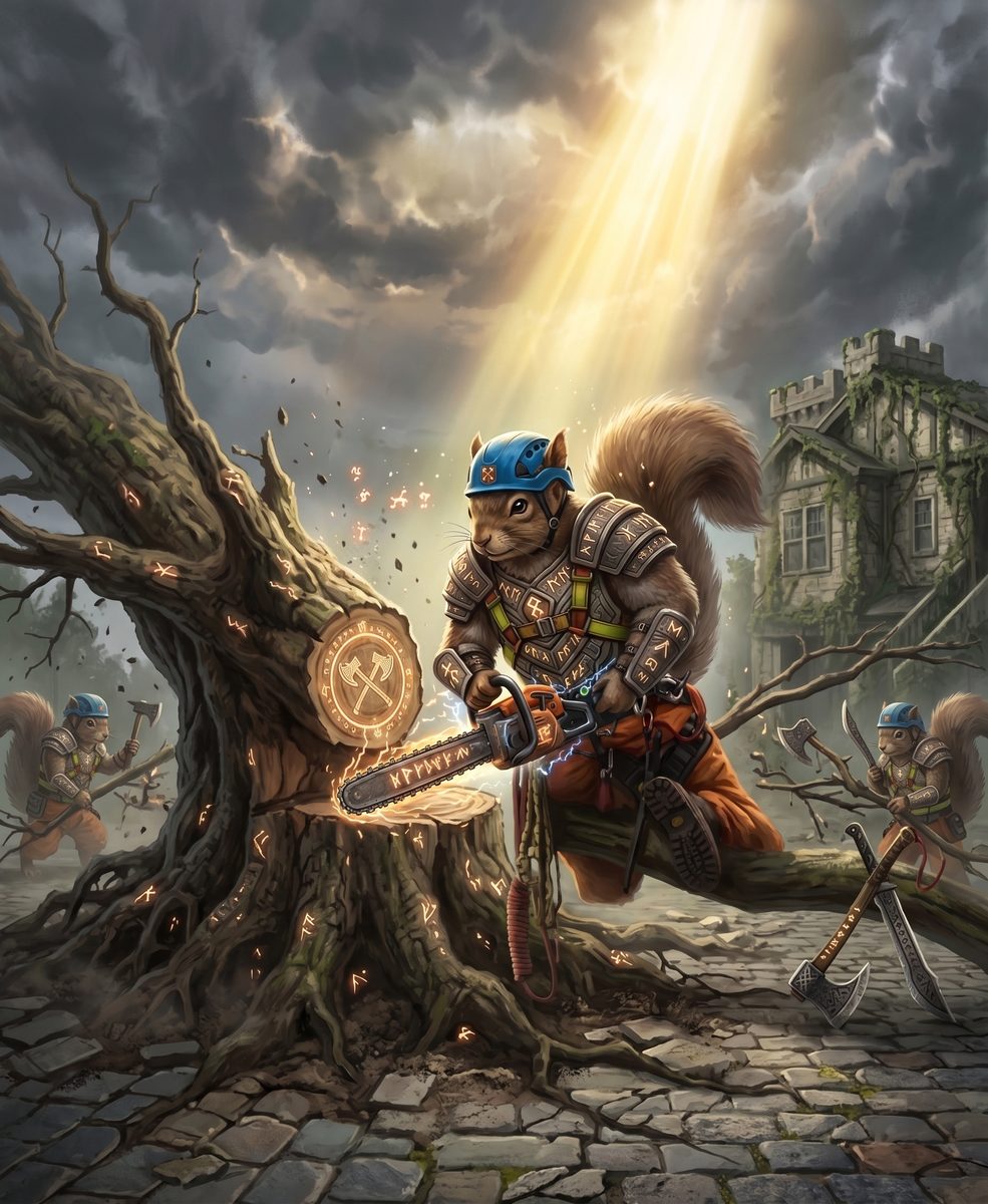 Illustrated armored squirrel warrior chainsawing a storm-damaged, rune-marked tree trunk