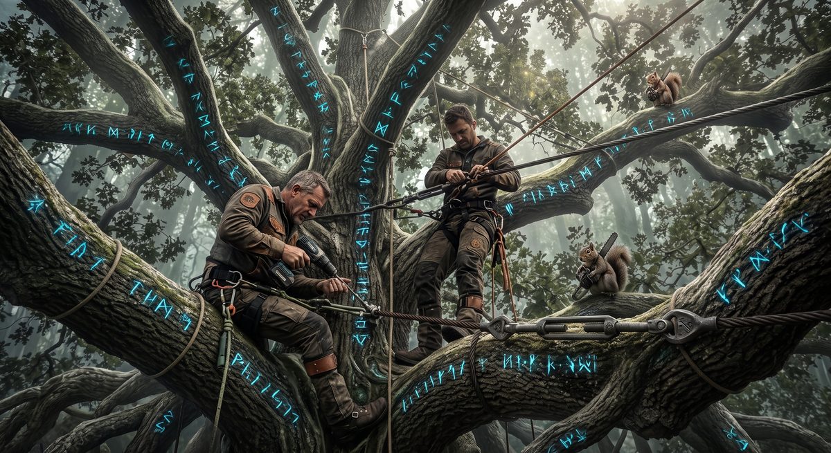 Illustrated crew installing a glowing rune-marked cable brace high in an ancient oak's canopy