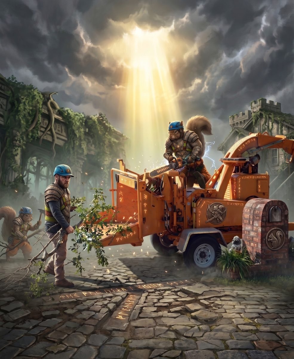 Illustrated armored squirrel riding a rune-etched wood chipper as a crew member feeds it branches