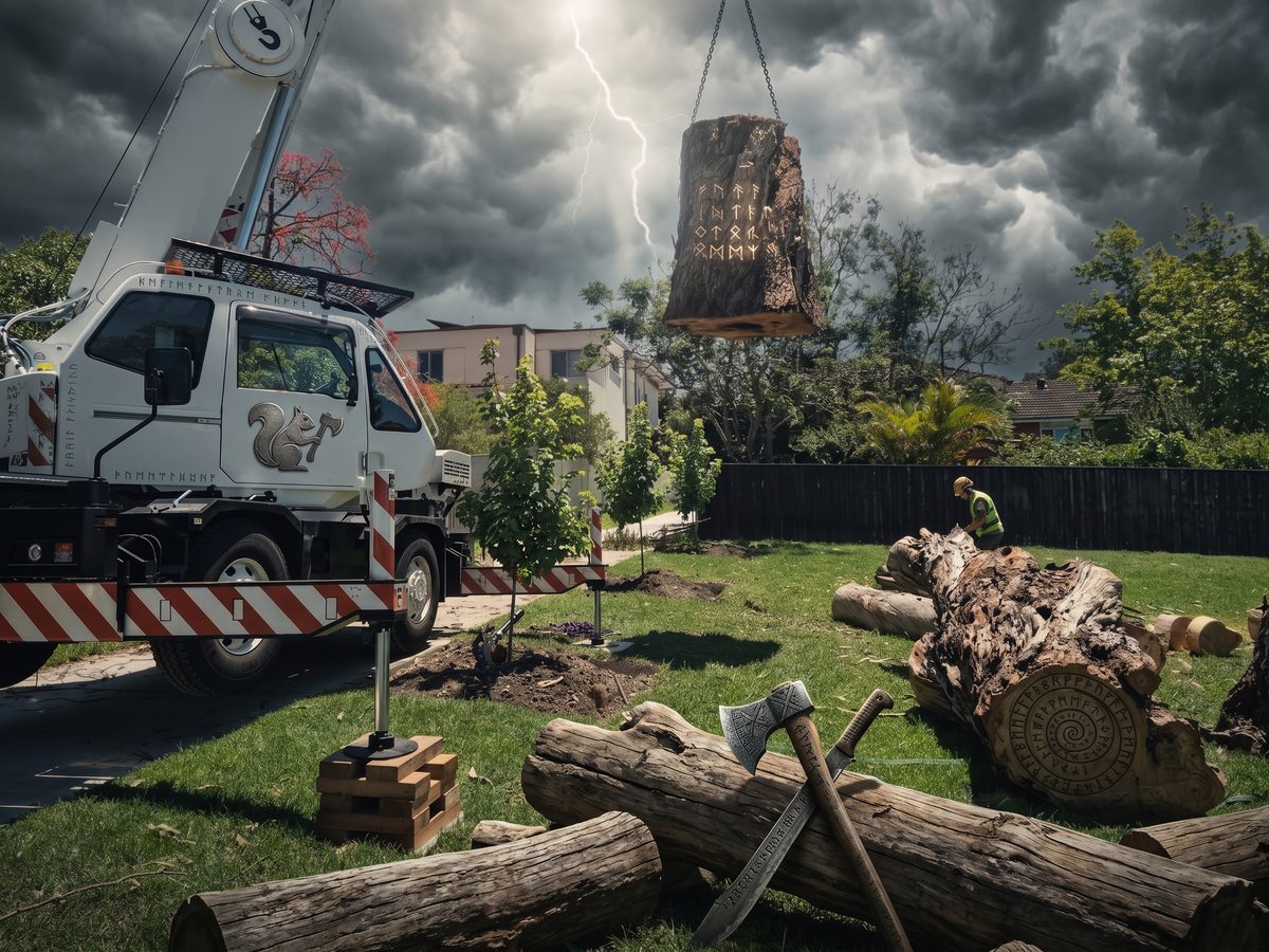 Illustrated crane truck with a squirrel-and-axe emblem lifting a rune-carved tree trunk under a lightning storm